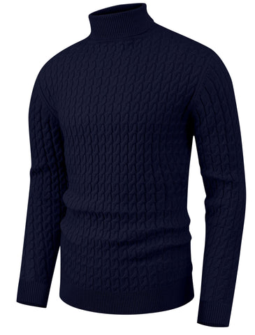 Hisir Mens Jumper Turtle Neck Tops Twisted Knitted Pullover Winter Slim Fit Long Sleeve Sweater Solid Colour Basic Warm Jumpers (04 Navy Blue, M)