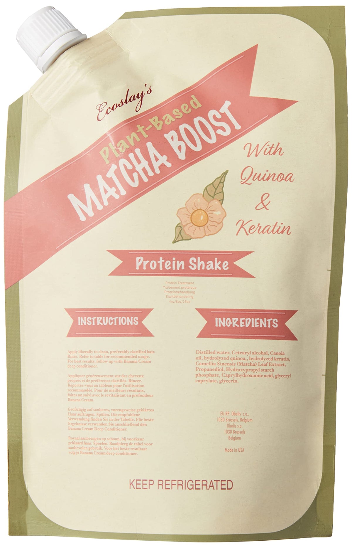 Ecoslay Matcha Boost - Quinoa & Keratin Protein Hair Treatment, Repair Mask for Damaged, Dry, Curly Hair - 8 oz