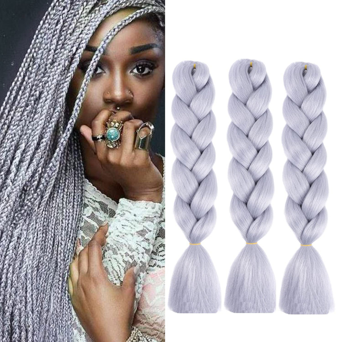 Grey Jumbo Braiding Hair Synthetic Ombre braiding Hair Kanekalon Braiding High Temperature Fiber Crochet Twist Braids (3Pcs/Lot, Silver Grey)