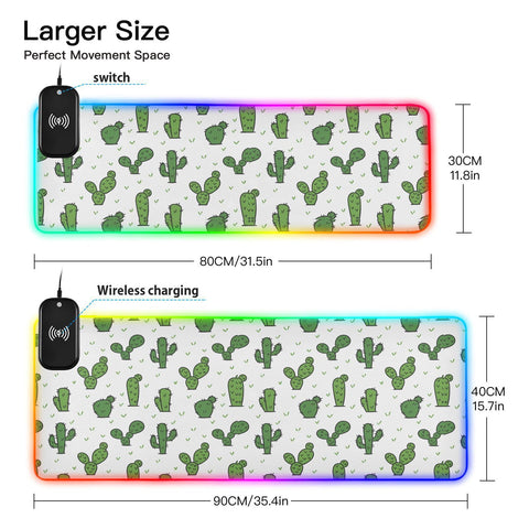 Cactus Wireless Charging Mouse Pad for Mobile Phone Extra Large Gaming Mousepad with 13 Lighting Modes Computer Mat for Office Home Gaming MacBook PC Laptop Desk