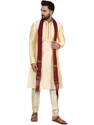 SKAVIJ Men's Dupion Silk Embroidered Kurta Pajama Scarf Set Ethnic Motifs 3-Piece Festive Dress (KP030beige_Beige_XL)