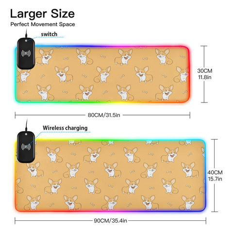 Cartoon Dogs Corgi Wireless Charging Mouse Pad for Mobile Phone Extra Large Gaming Mousepad with 13 Lighting Modes Computer Mat for Gaming MacBook PC Laptop Desk Home Office