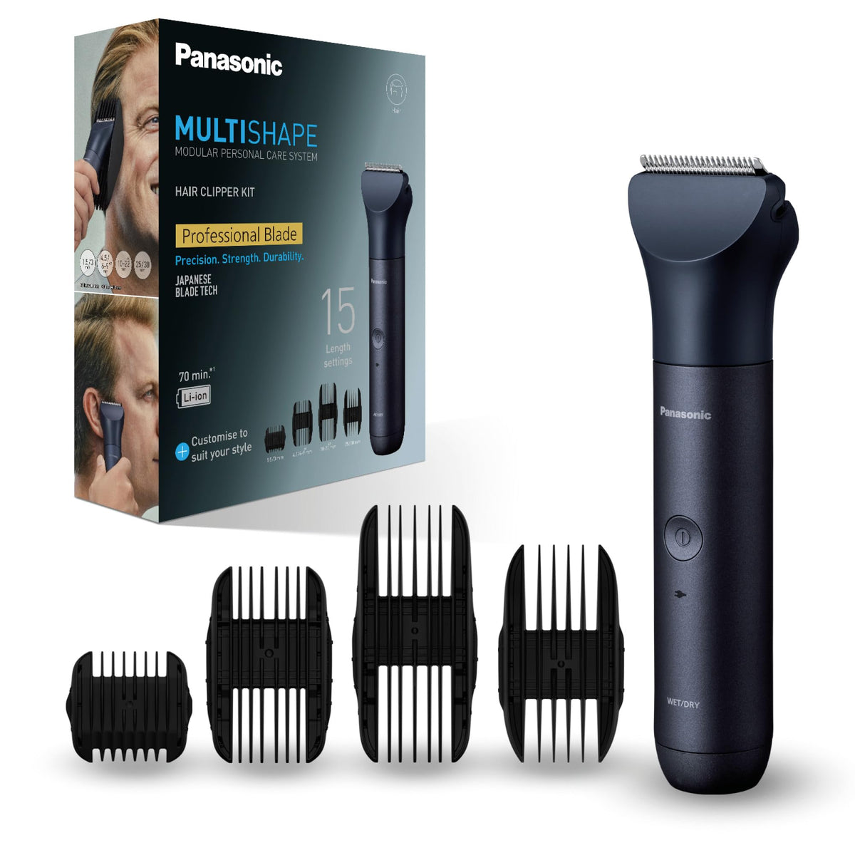 Panasonic ER-CKL3-A301 MULTISHAPE (Modular Personal Care System) Hair Trimmer Kit, Main Unit and Head Hair Clipper Head, 15 Length Settings, 4 Combs, Li-ion Battery, Black
