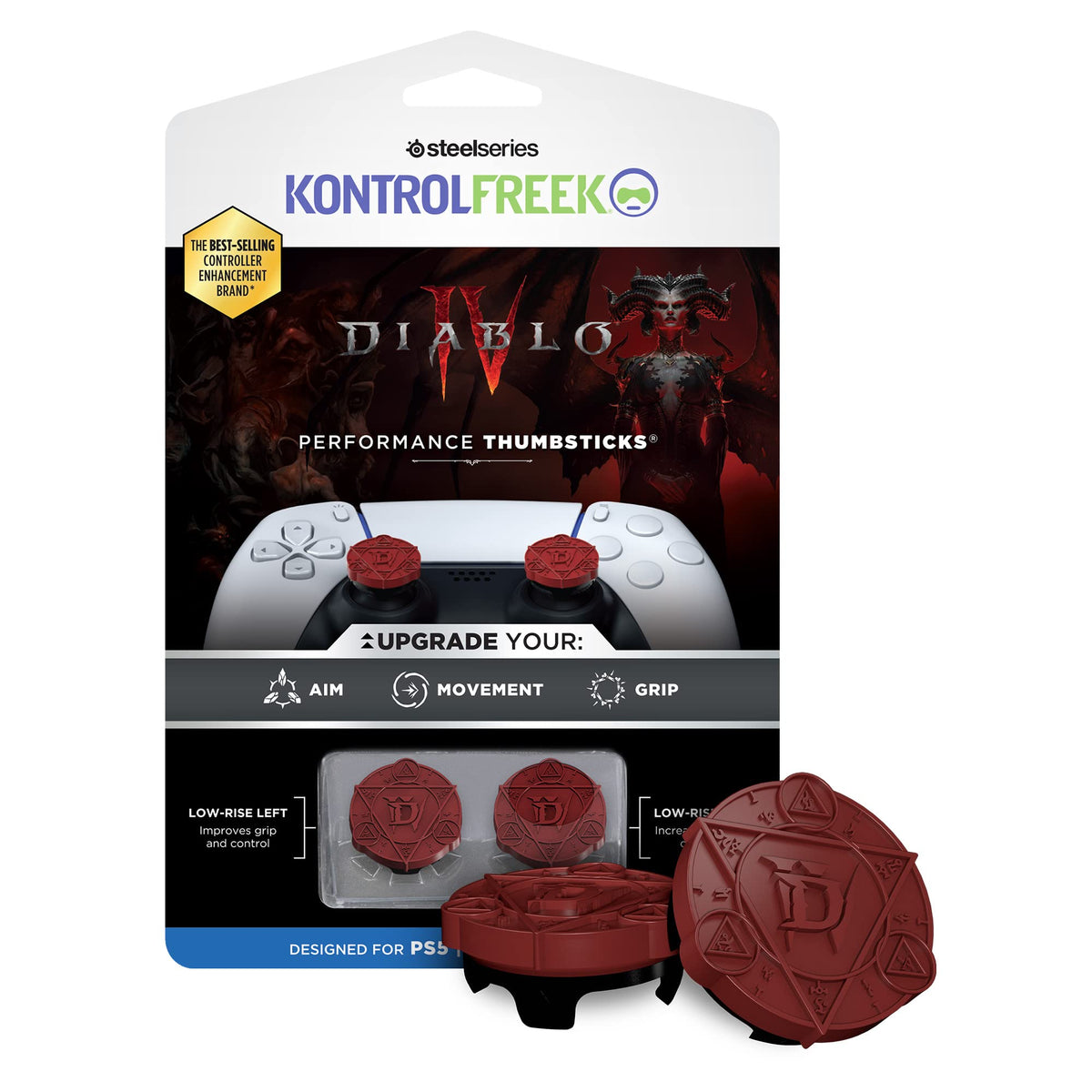 KontrolFreek Diablo IV Performance Thumbsticks for PlayStation 4 (PS4) and PlayStation 5 (PS5) Controller | 2 Low-Rise | Red & Black