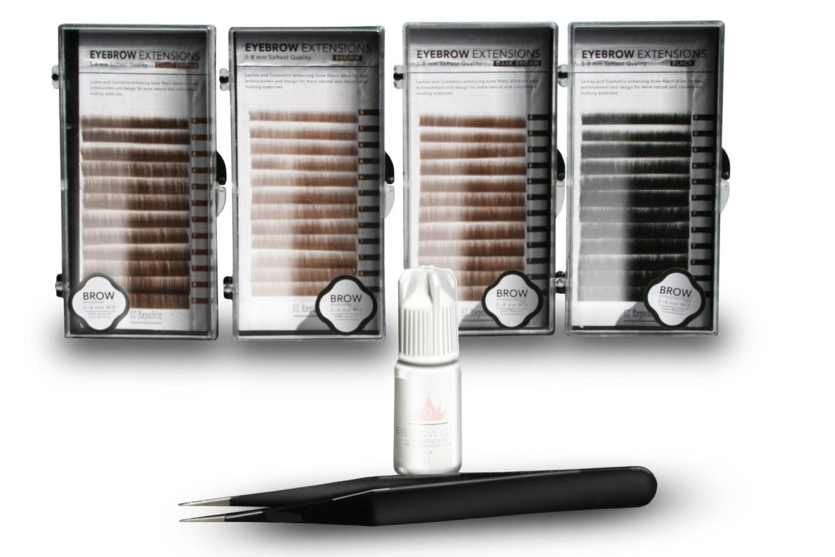 KC Republic Eyebrow Extensions Kit with 4 Trays of Mink Eyebrows in Blonde/Light Brown, Brown, Dark Brown, Black, Comes on Mixed Length Trays 5-8 Mm Mix, Eyebrow Extension Glue & Extension Tweezers