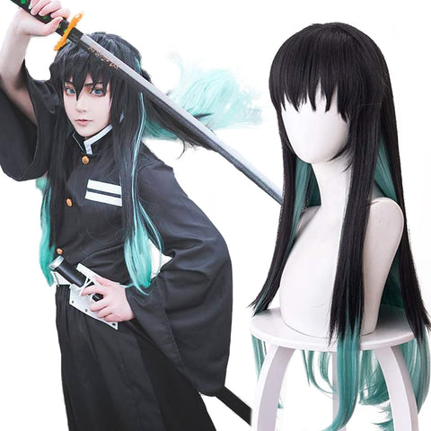Tokitou Muichirou Wig Anime Demon Slayer Cosplay Wig Black Long Hair for Halloween,carnival,Costume Party with Free Wig Cap