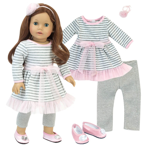 Sophia's Striped Dress with Tulle, Glitter Leggings, Hair Accessory and Jeweled Ballet Flats Shoes for 18 Inch Dolls, Gray/Pink