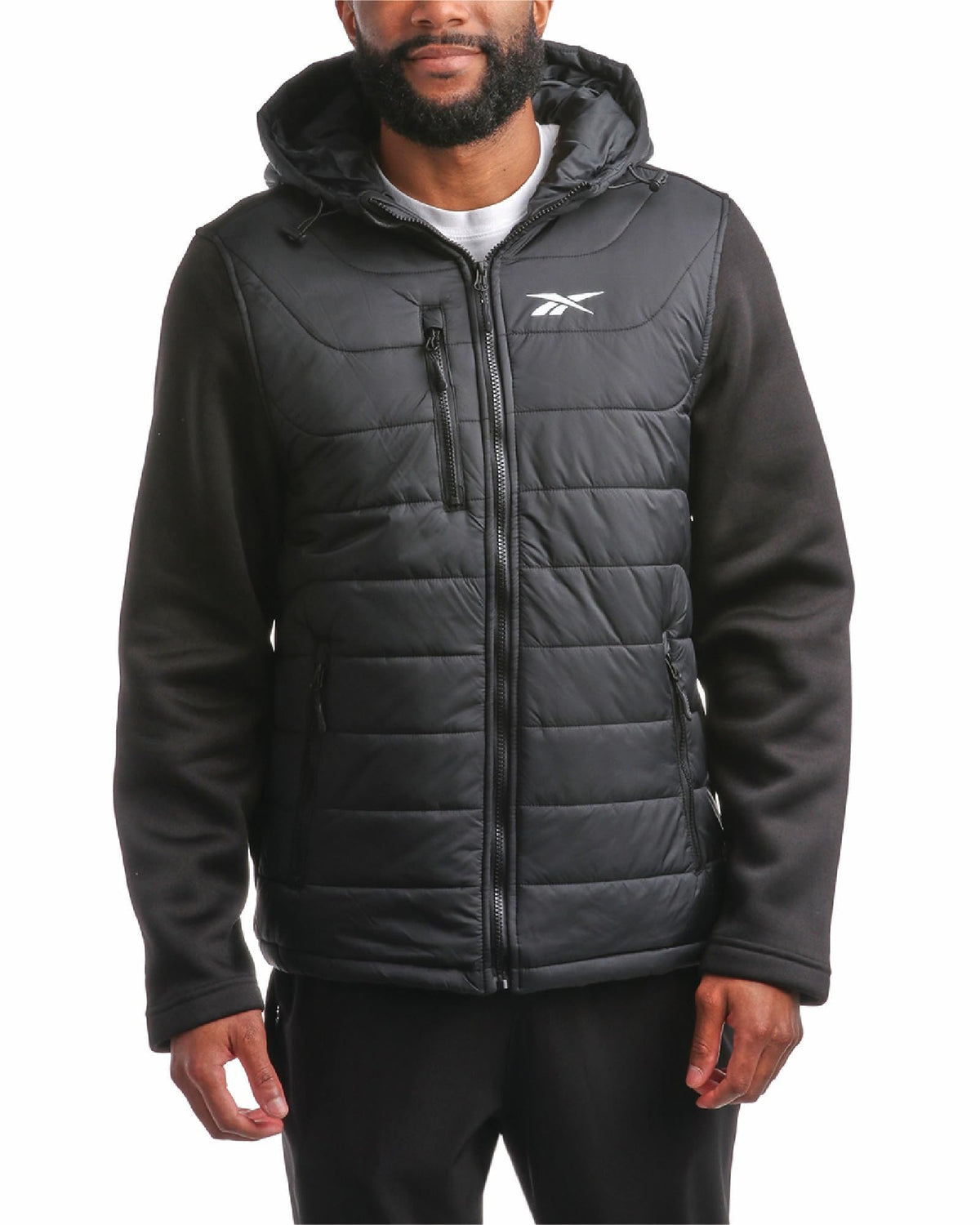 Reebok Men's Jacket - Warm Insulated Quilted Puffer Jacket with Sweater Fleece Sleeves - Hooded Outdoor Jacket for Men (M-XL), Size Large, Jet Black