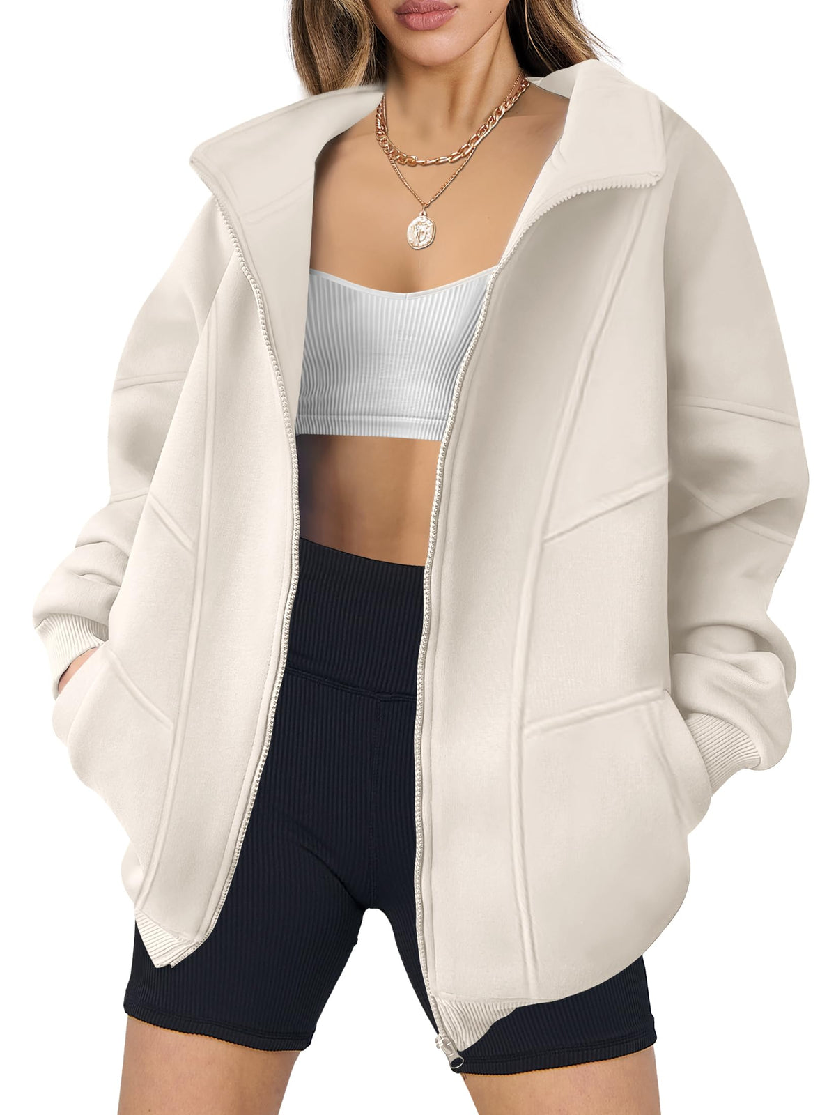 ANRABESS Women's Oversized Full Zip Up Sweatshirts Jacket 2024 Fall Fleece Long Sleeve Hoodies Outfit Beige Small