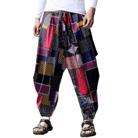 BITLIVE Men's Cotton Linen Plus Size Stretchy Waist Casual Ankle Length Pants, Style B08, One Size