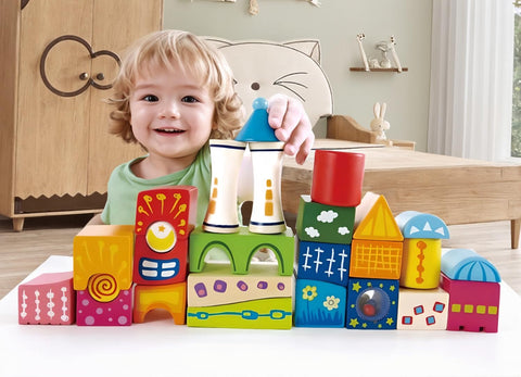 Fantasia Block Castle by Hape | Award Winning Wooden Castle Building Block Stacking Toy, Unique Shaped Building Block Set, Rainbow Stacking Toy with Patterns