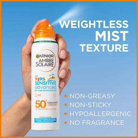 Garnier Ambre Solaire SPF 50+ Kids Anti-Sand Mist, Children's Sun Protection Spray, Non-Greasy and Fast-Absorbing, Water- and Sand-Resistant, Hypoallergenic, Sensitive Advanced, 150 ml