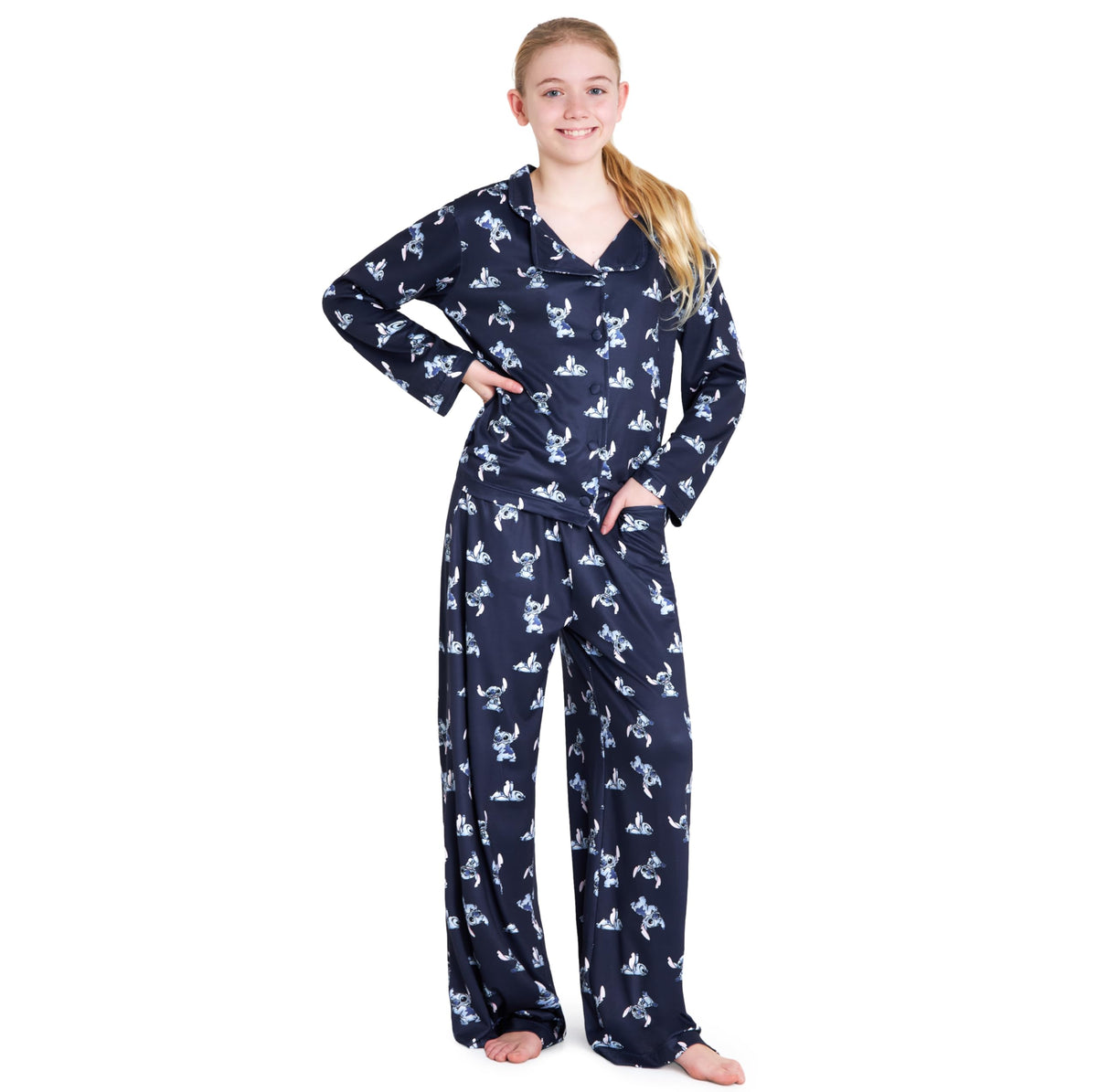 Disney Stitch Girls PJs for Kids Teenagers - 2 Piece Long Girls Pyjamas Breathable Lounge Wear 7-14 - Years Stitch Gifts (Navy, 11-12 Years)
