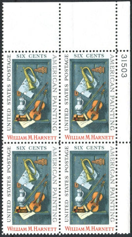 #1386 - 1969 6c William M. Harnett Postage Stamp Numbered Plate Block (4)