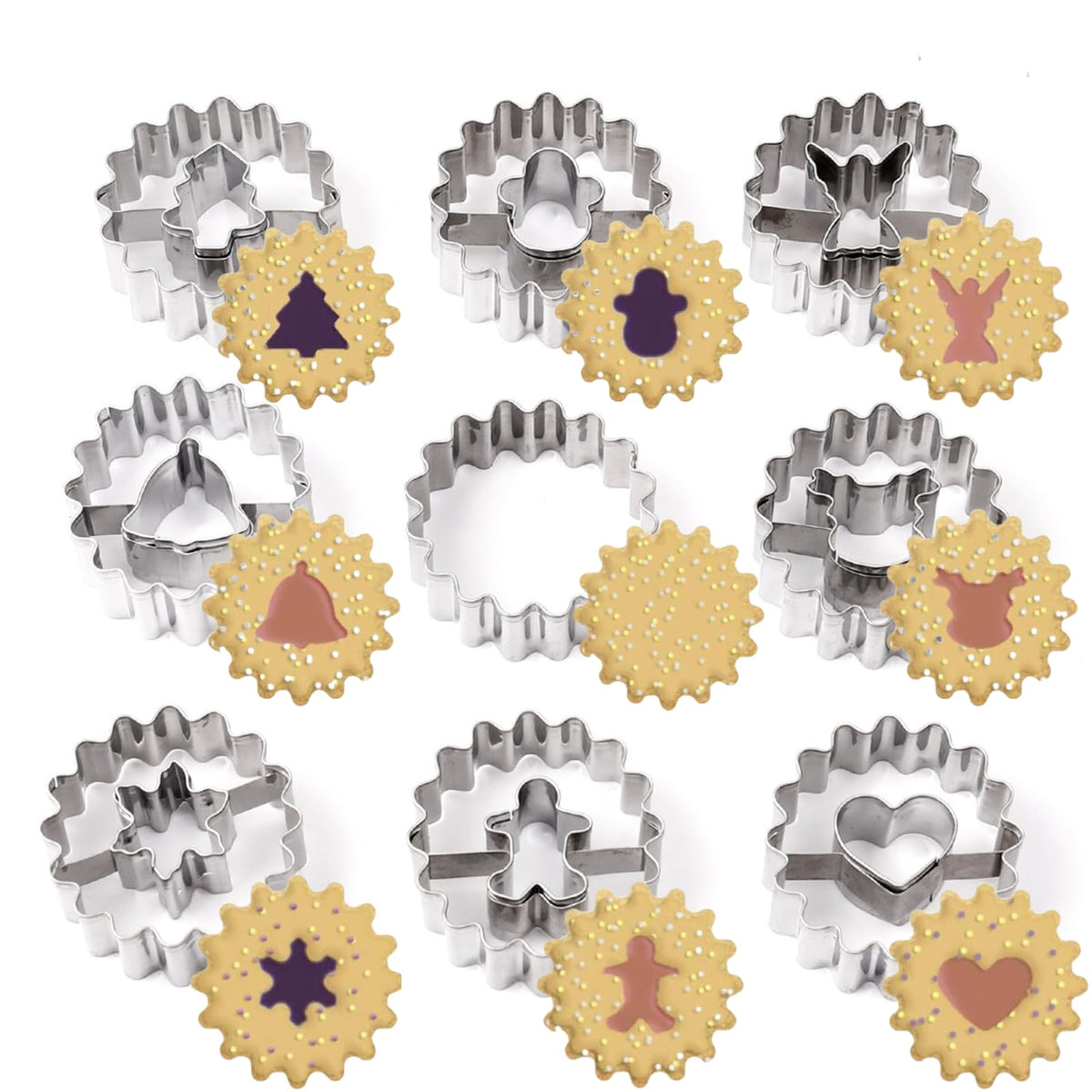 9 Pcs Mini Christmas Cookie Cutters Set,Linzer Cookie Cutters,Stainless Steel Hollow Biscuit Cutters Cookie Moulds for Party Baking DIY Fondant
