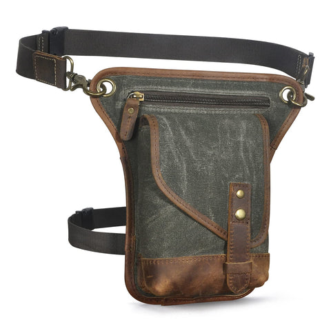 Leaokuu MenÃƒÆ’Ã†â€™Ãƒâ€šÃ‚Â¢ÃƒÆ’Ã‚Â¢ÃƒÂ¢Ã¢â€šÂ¬Ã…Â¡Ãƒâ€šÃ‚Â¬ÃƒÆ’Ã¢â‚¬Â¹Ãƒâ€¦Ã¢â‚¬Å“s Canvas and Genuine Leather Waterproof Motorcycle Tactic Fanny Belt Waist Pack Drop Leg Thigh Cross Over Bag 211-6 (Green)