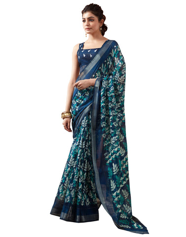 SIRIL Women's Cotton Blend Printed Border Jari Patta Woven Design Saree with Unstitched Blouse Piece (3467S1118_Navy Blue, Cream, Green)