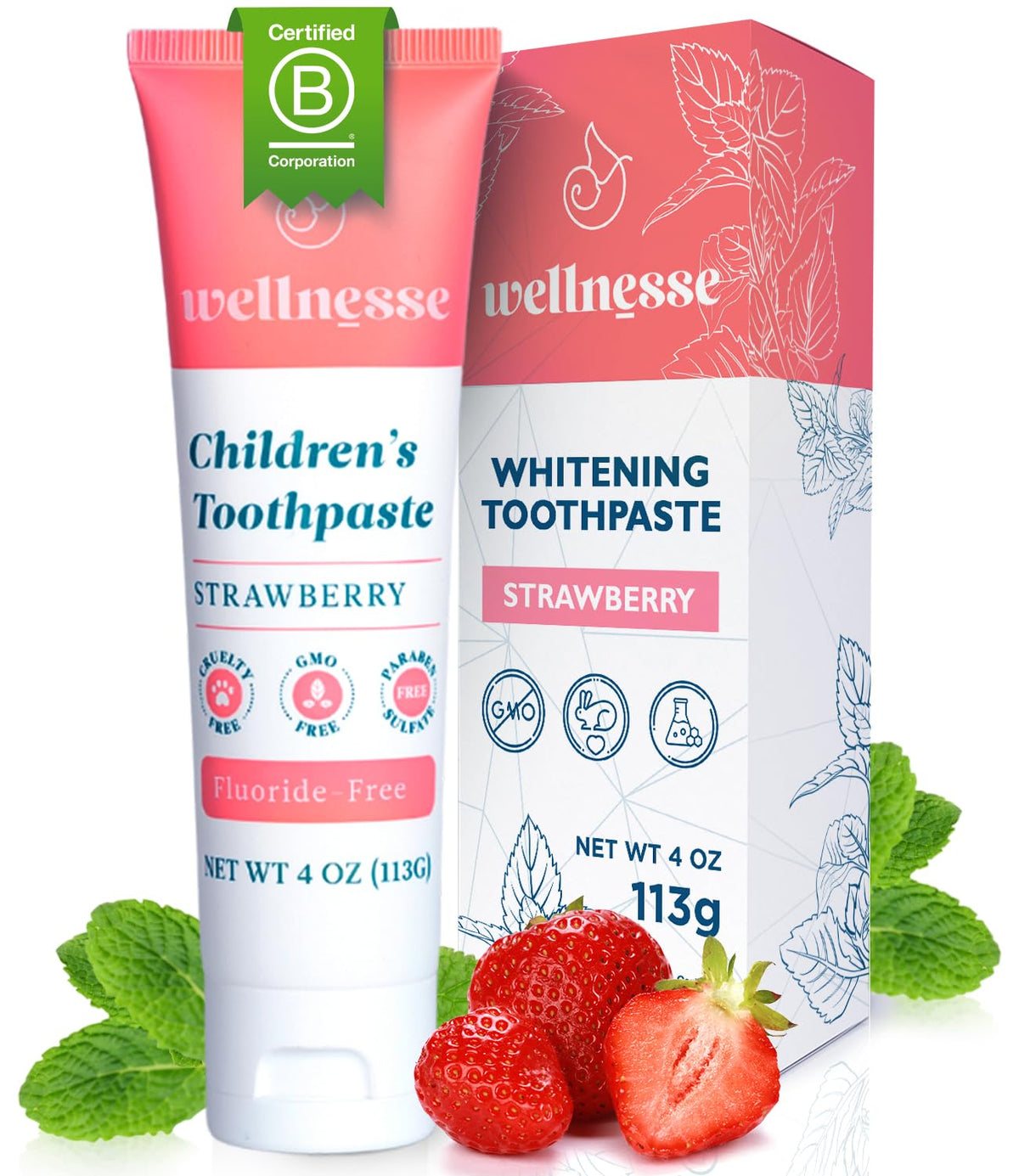 Wellnesse Children's Toothpaste - Strawberry - 1 Tube 4oz - Fluoride Free - Sulfate Free - Non-GMO