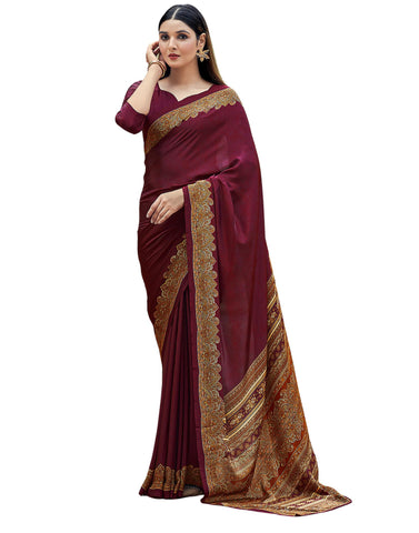 SIRIL Women's Silk Crepe Printed Saree with Unstitched Blouse Piece (3441S3026_Maroon)