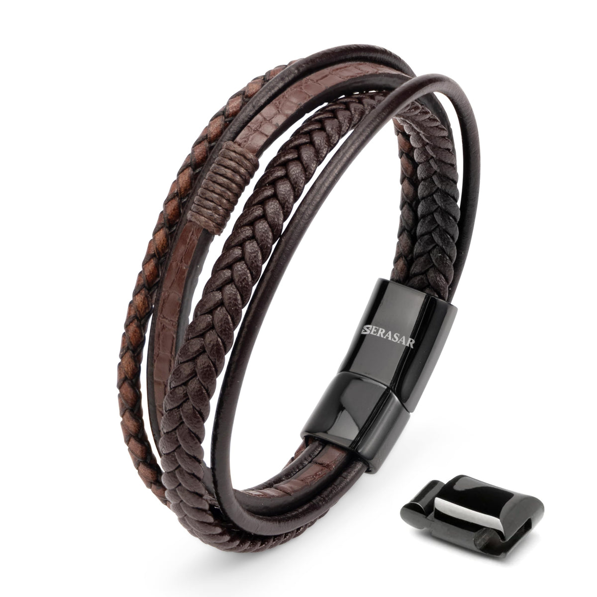 SERASAR Pulsera de Cuero MarrÃƒÂ³n para Hombre 20cm - Idea de Regalo para Hombre Caja de Regalo Pulsera de Cuero Genuino Trenzado Multicapa Ajustable con Cierre magnÃƒÂ©tico para Hombre