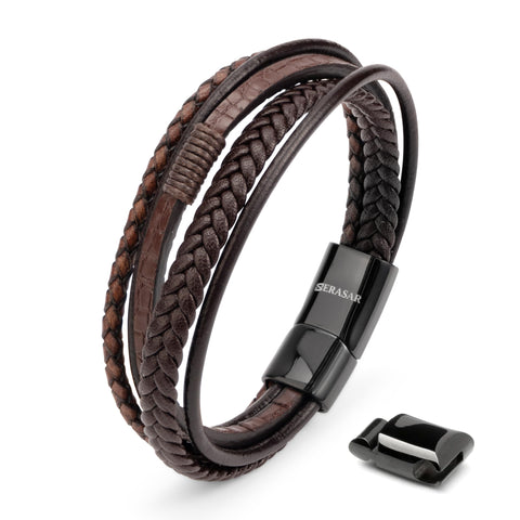 SERASAR Pulsera de Cuero MarrÃƒÂ³n para Hombre 20cm - Idea de Regalo para Hombre Caja de Regalo Pulsera de Cuero Genuino Trenzado Multicapa Ajustable con Cierre magnÃƒÂ©tico para Hombre