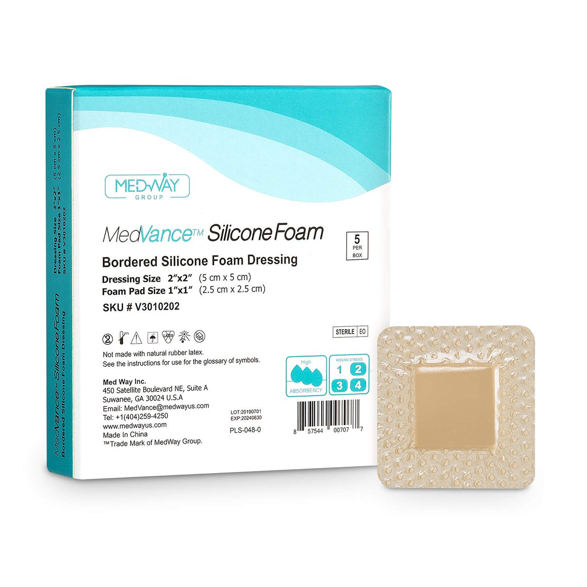 MedVanceTM Silicone - Bordered Silicone Adhesive Foam Dressing Size 5 cm x 5 cm (2.5 cm x 2.5 cm Pad), Box of 5 dressings