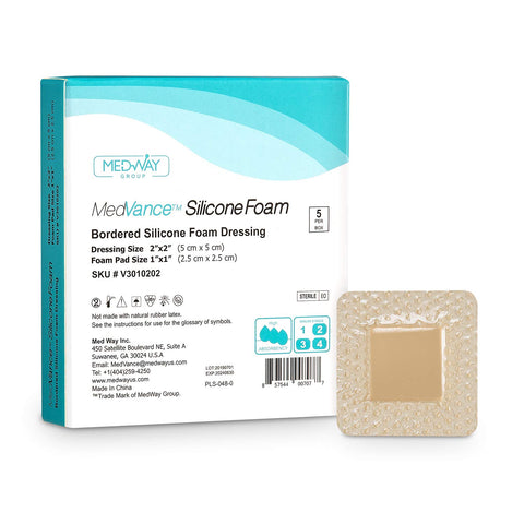 MedVanceTM Silicone - Bordered Silicone Adhesive Foam Dressing Size 5 cm x 5 cm (2.5 cm x 2.5 cm Pad), Box of 5 dressings
