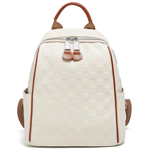 FOXLOVER Genuine Leather Backpack for Women checkerboard Grain Fashion Travel Purse Medium Stylish?Off White E?