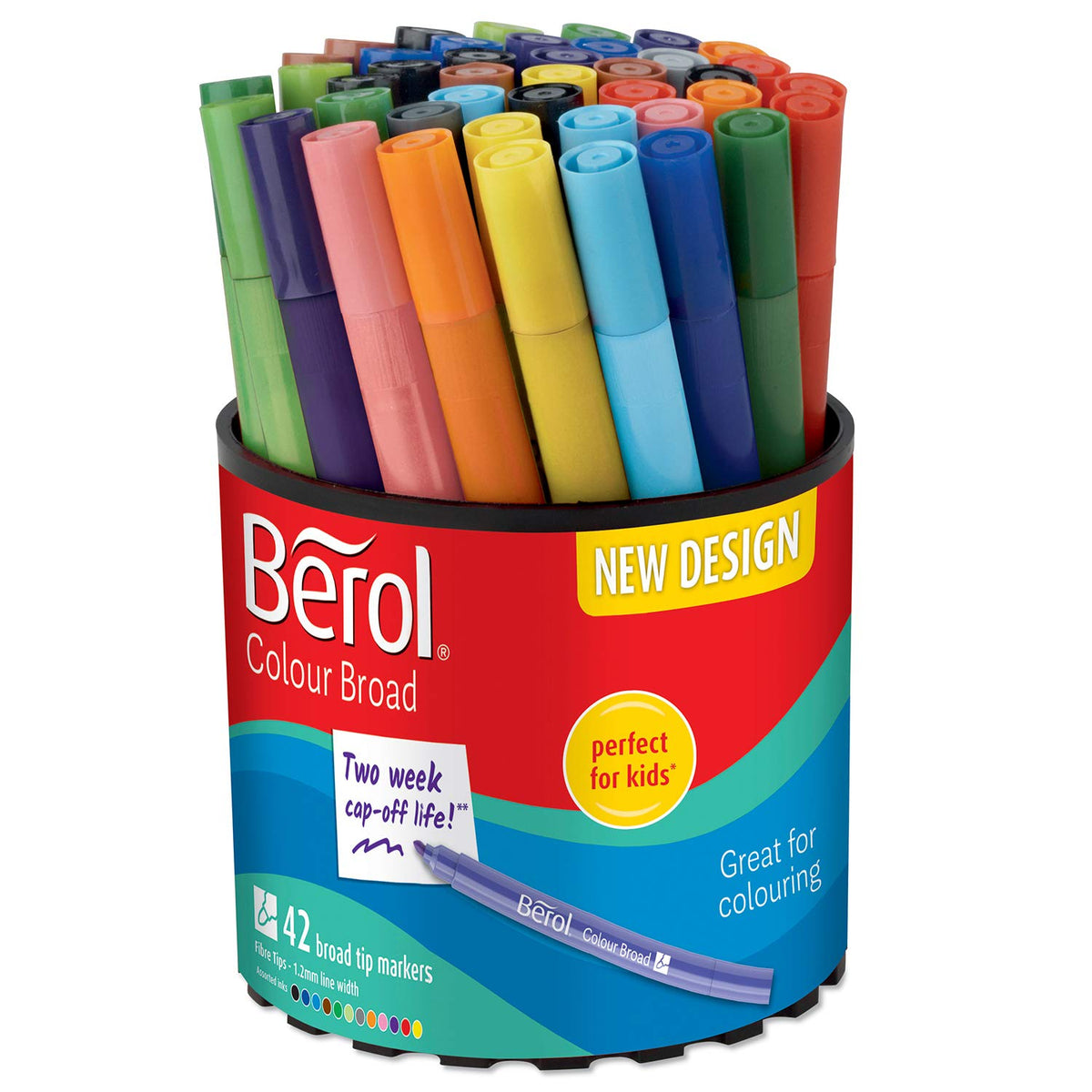 Berol Felt Tip Colouring Pens | Broad Point (1.2mm) | Assorted Colours with Washable Ink | Tub of 42 Markers