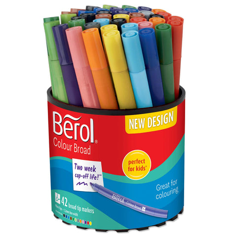 Berol Felt Tip Colouring Pens | Broad Point (1.2mm) | Assorted Colours with Washable Ink | Tub of 42 Markers