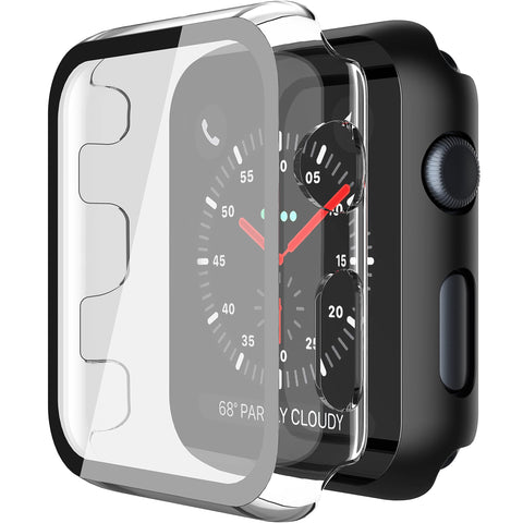 Piuellia 2 Pack Hard Case with Tempered Glass Screen Protector for Apple Watch Series 3 Series 2 42mm, Ultra-Thin Overall PC iWatch Protective Cover, 1 Black + 1 Transparent