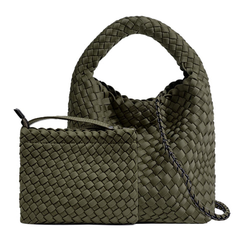 OUYGZOU Fashion Tote Satchel Ladies Woven Hobo Handbags Adjustable Shoulder Bucket Bag Top-handle with Purse for Women (Military green)