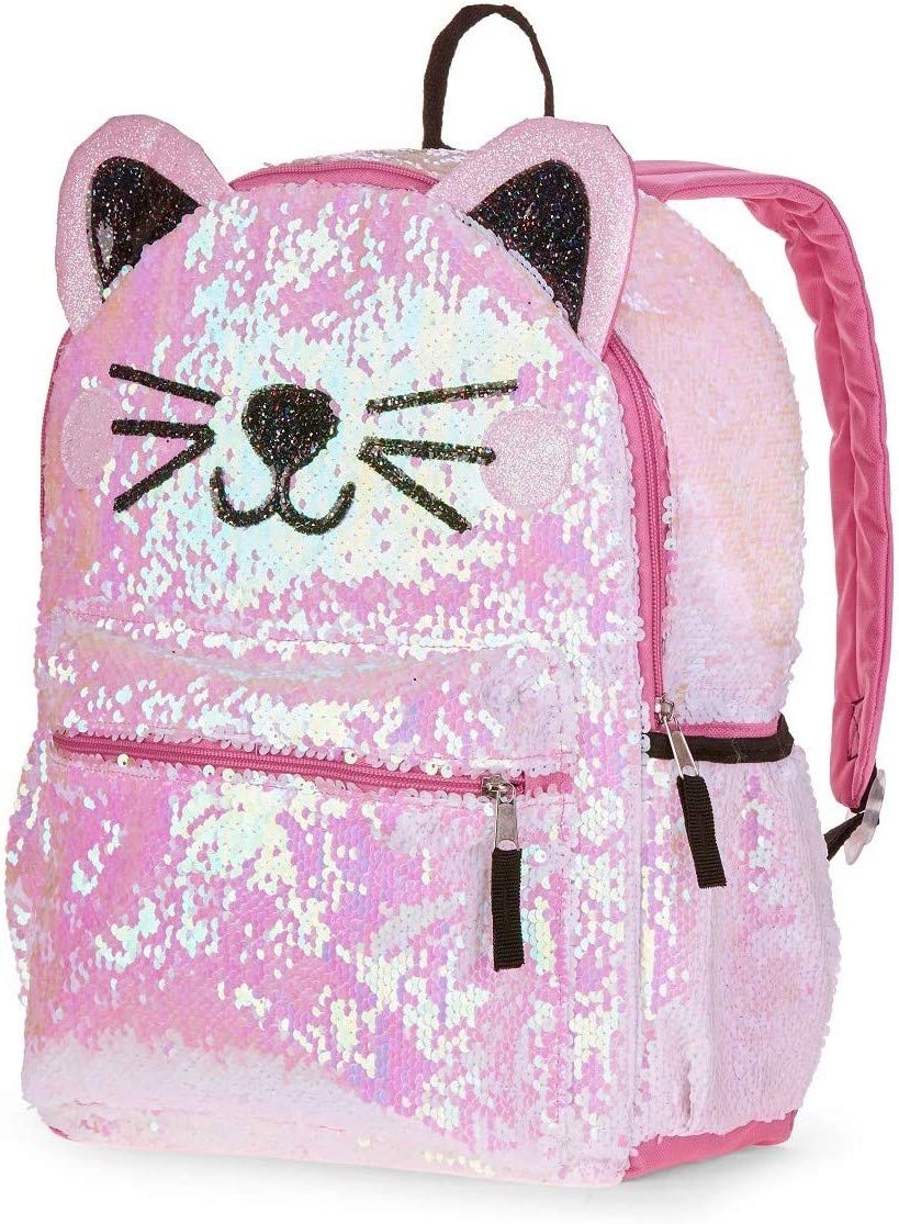 2 Way Sequin Kitty Cat Backpack for Girls Teens ~ Premium 16 Kitten School Bag with Reversible Sequins and 3D Cat Ears (Kitty School Supplies Bundle)