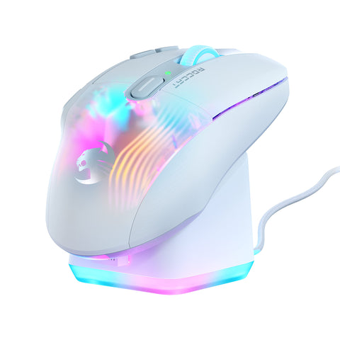 ROCCAT Kone XP Air - Wireless Customizable Ergonomic RGB Gaming Mouse, 19K DPI Optical Sensor, 100-hour Battery & Charging Dock, 29 Programmable Inputs & AIMO RGB Lighting, 4D Wheel - White