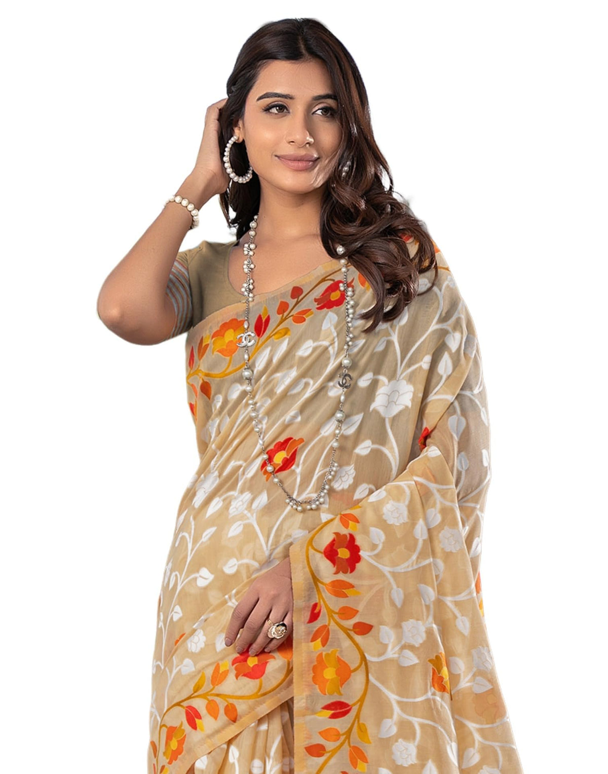 SIRIL Women's Cotton Jacquard Saree with Unstitched Blouse Piece (3417S211_Beige & Orange)