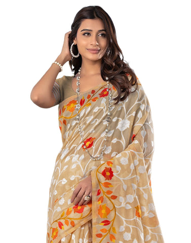 SIRIL Women's Cotton Jacquard Saree with Unstitched Blouse Piece (3417S211_Beige & Orange)