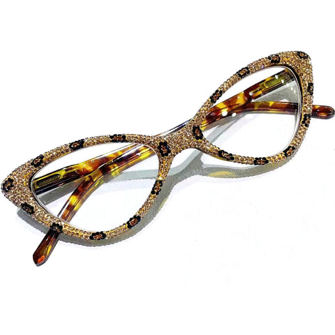 mincl Cat Eye Crystal Rhinestone Reading Glasses for Women Sparkling Eyewear Frames Female Trendy bling Diamond Reader (leopard, 2.5, multiplier_x)