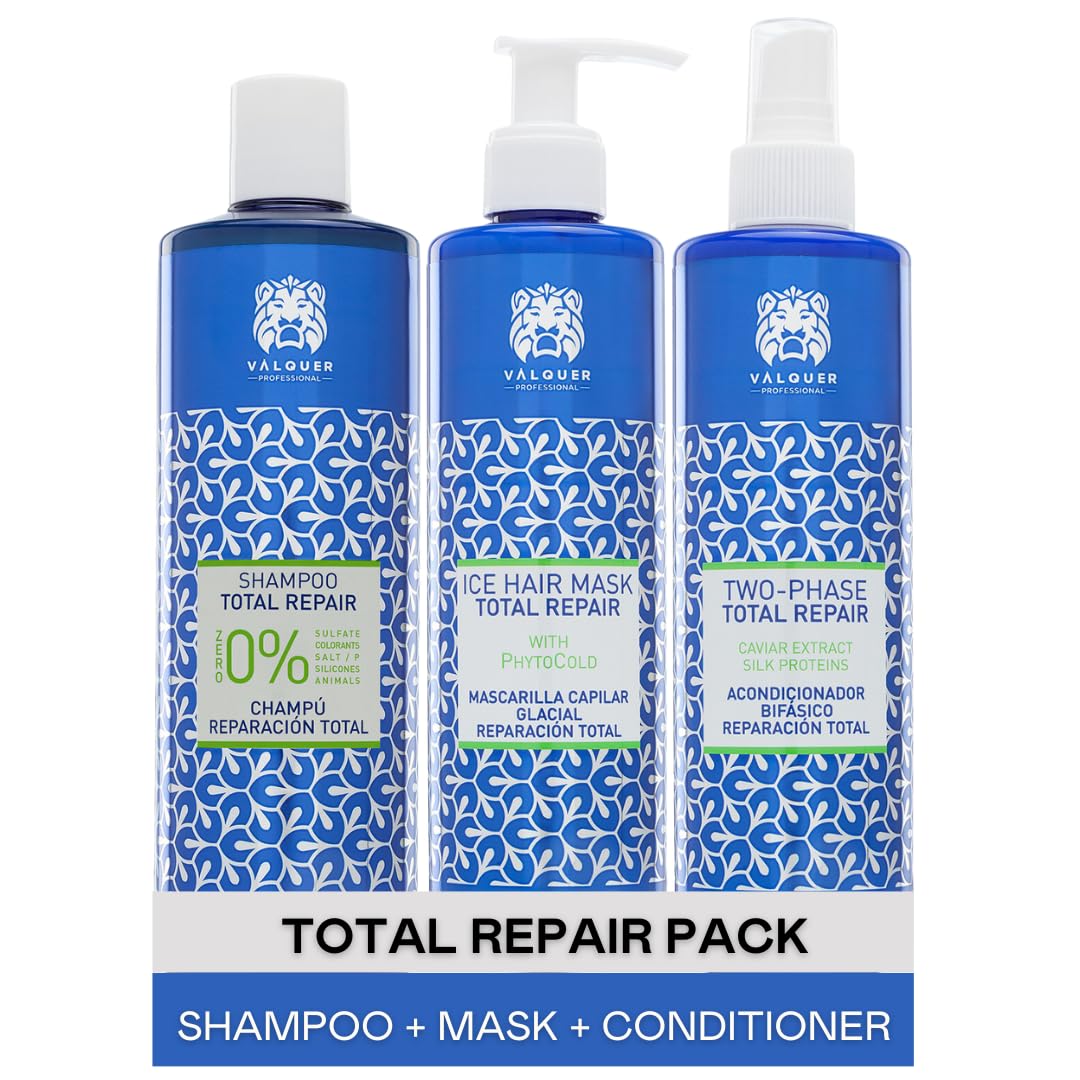 Valquer Total Repair Hair Pack Zero% Shampoo 400 ml + Ice Effect Mask 300 ml + Biphasic Conditioner 300 ml. A specialized hair care pack designed to repair and restore damaged and dry hair.