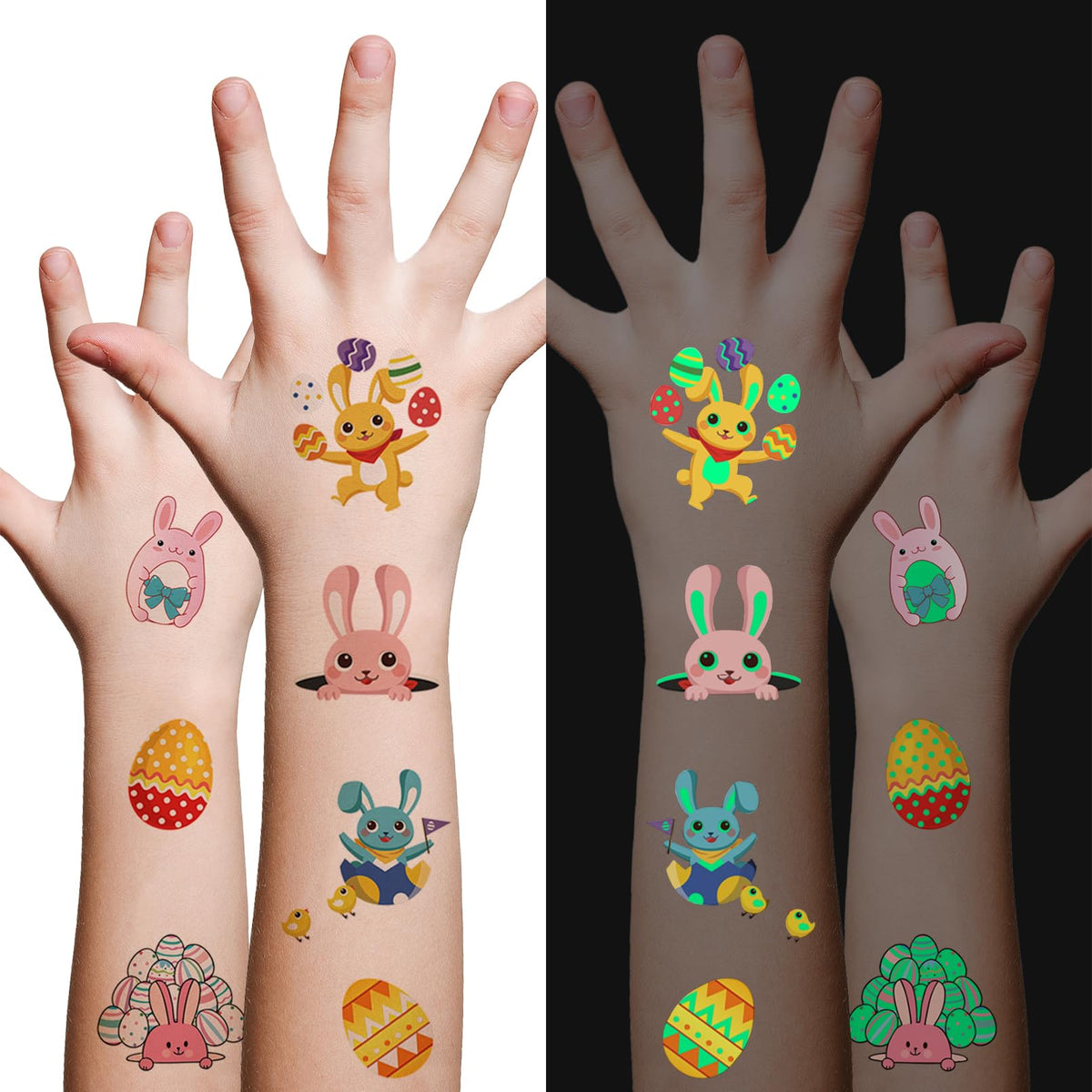 100Pcs Easter luminous temporary tattoos for kids,Glow in The Dark Easter Basket party Tattoos stickers, dwarf colored egg carrot rabbit egg facial makeup Tattoos, holiday party Supplies Favors Gifts