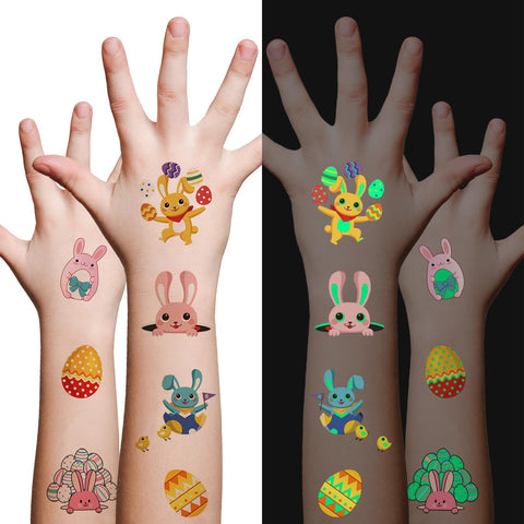 100Pcs Easter luminous temporary tattoos for kids,Glow in The Dark Easter Basket party Tattoos stickers, dwarf colored egg carrot rabbit egg facial makeup Tattoos, holiday party Supplies Favors Gifts