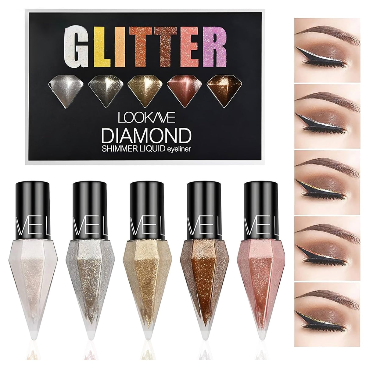 Generic Diamond Eyeliner Set, 5 Colors Glitter Eye Liners Metallic Glitter Liquid Eyeliner Long Lasting Eyeliner Liquid Color Eye Shadow Makeup Kit Liquid Glitter Eye Makeup Set (5 Pcs)