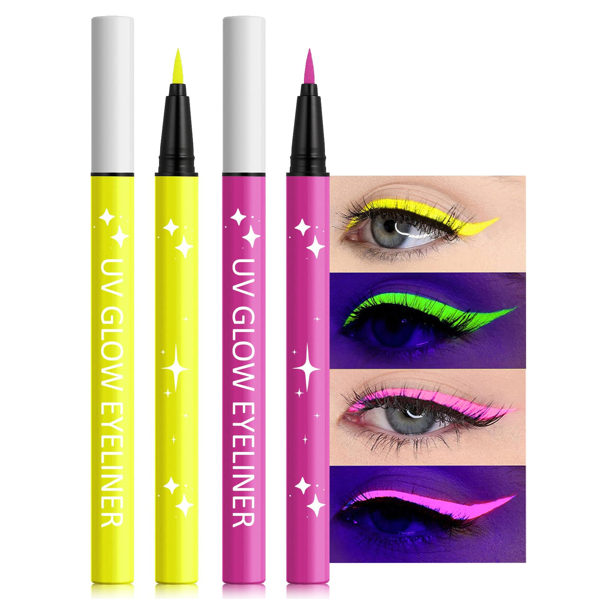 Jutqut 2Pcs Neon Liquid Eyeliner Kit, UV Glow Eye Liner Pen, Colored Luminous Neon Eyeliner, Waterproof Smudge Proof Colorful Eyeliner for Body Face Paint Halloween Neon Makeup #Yellow Berry Purple