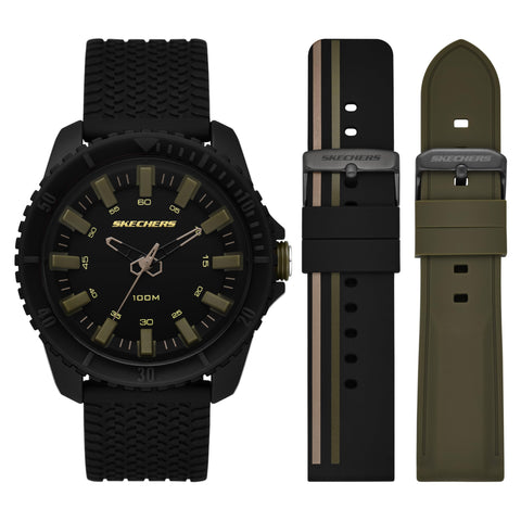 Skechers Men's Three Hand Black Silicone Watch and Band Gift Set (Model: SR9103)