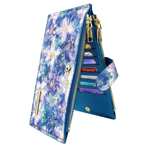 Coco Rossi Womens RFID Blocking Large Capacity Wallet Multi Card Organizer Bifold Wallet for Women with Zipper Pocket, Blue Flowers, L, Classic