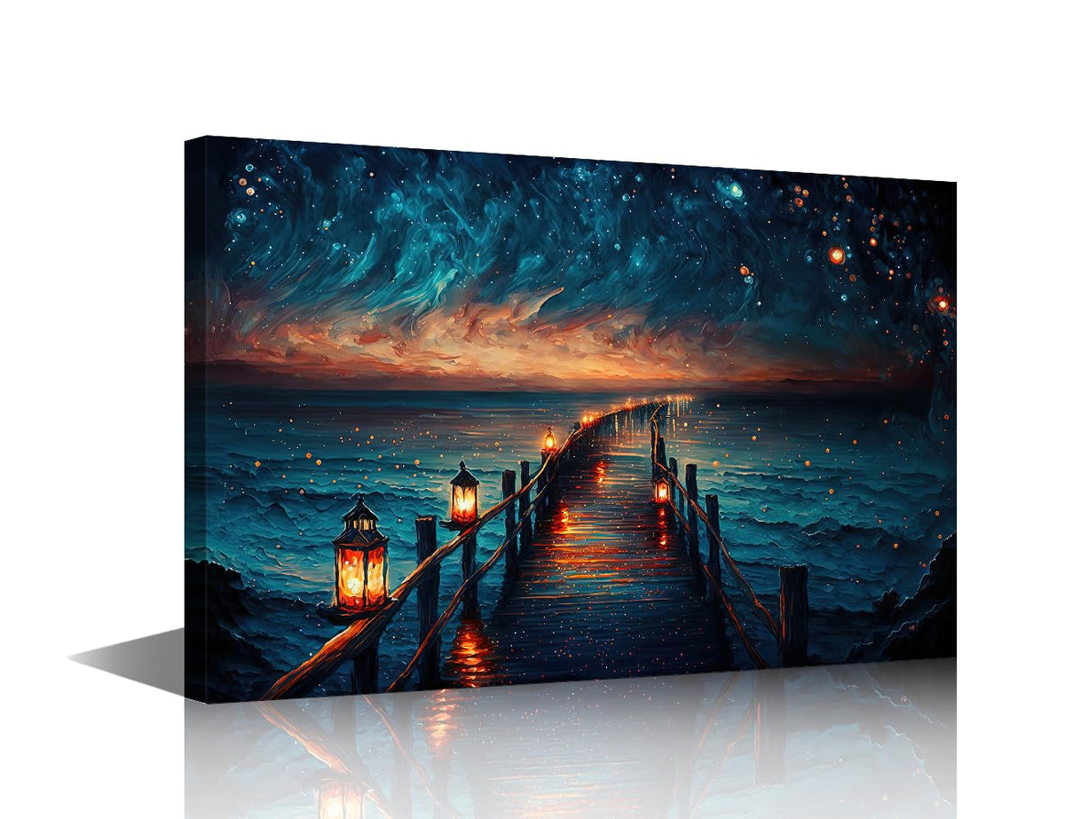 TISHIRON Seascape Wall Art Glitter Glow Starry Sky in Night Oil Painting Style for Living Room Bedroom Wall Decor Canvas Modern Home Decor for Background Wallpaper Prints 12"x18"