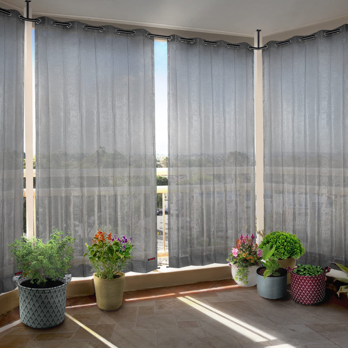 HIPPO - PE 85% Outdoor Sun Blocking Balcony Curtains Eyelet UV Protection, Sun Shading Light Filtering, Temperature Reducing 8 ft Door Curtain, Set of 2 pcs (Grey || 4.5FTX8FT)