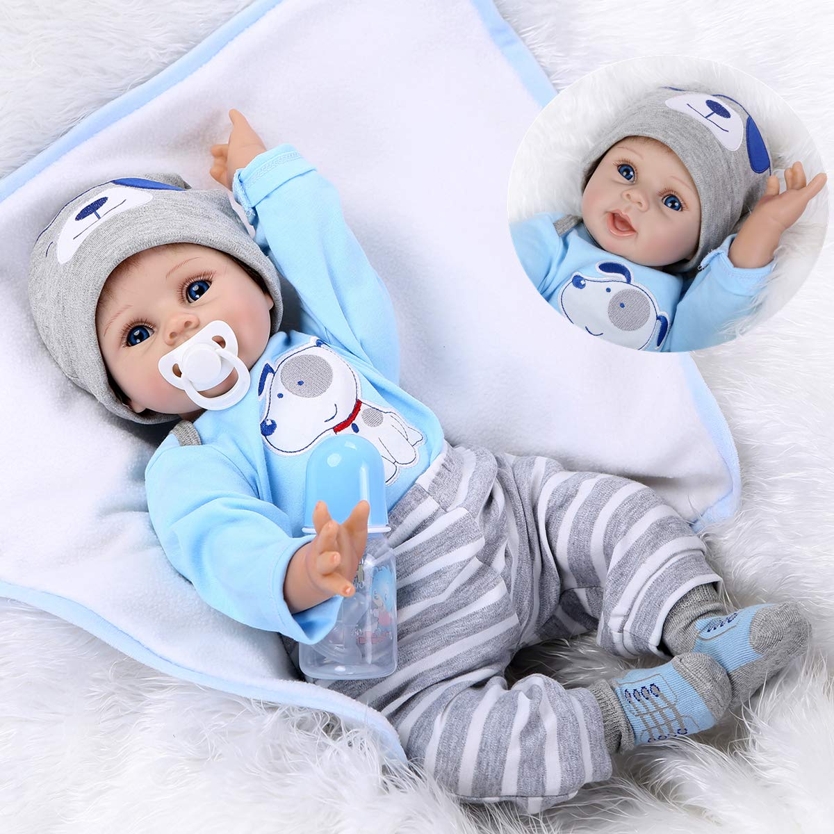 Reborn Baby Doll Soft Silicone Vinyl Baby Boy 22inch 55cm Mouth Cute boy Wearing Toy Blue Dog Cute Doll Gift Set for Ages 3+