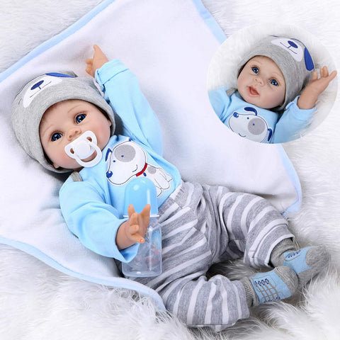 Reborn Baby Doll Soft Silicone Vinyl Baby Boy 22inch 55cm Mouth Cute boy Wearing Toy Blue Dog Cute Doll Gift Set for Ages 3+