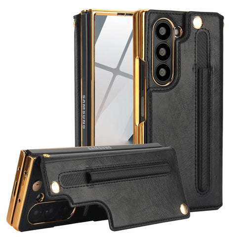 XIMAND for Samsung Galaxy Z Fold 6 Wallet Case with S-Pen Holder and Credit Card Holder, Built-in Front Screen Flim Protector,Luxurious Leather Magnetic Clasp Kickstand.(Black)