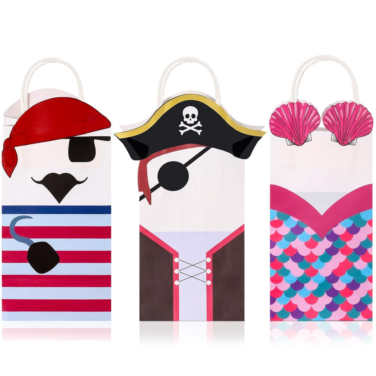Sabary 18 Pcs Pirate Party Favor Bags Mermaid Favor Bags Pirate Goody Bags Paper Bags with Handles Mermaid Treat Bags Pirate Birthday Party Favor Gift Bag Treasure Theme Party Supplies for Girls Boys